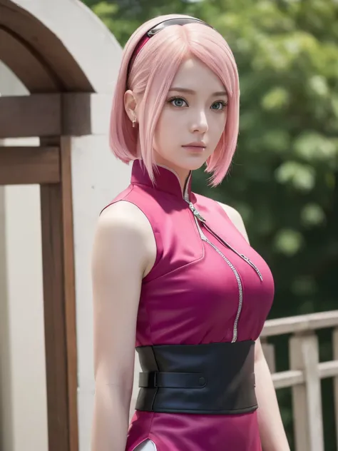(((masterpiece+highest quality+High resolution+Very detailed))), Sakura Haruno, solo, (([woman]: 1.3 + [beauty]: 1.3+ pink hair: 1.5)), pink eyes, Bright Eyes, Dynamic angles and postures, wallpaper, ((natural big breasts:1.2)), Sakura Haruno outfit, (Ultr...