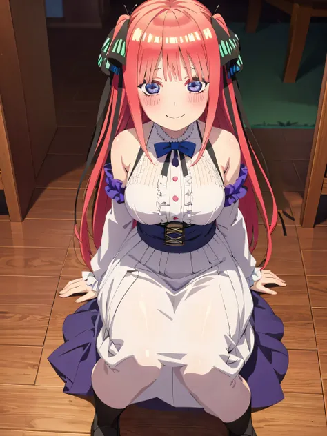 best quality, ultra-detailed masterpiece, anime art style, cute characters, nino nakano, breasts, blush, smile, full body