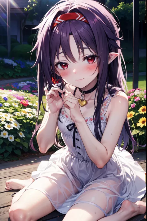 yuukikonno, Konno Yuuki, hair band, Long Hair, Pointed Ears, Purple Hair, (Red eyes:1.5), (Small breasts:1.2), Squint both eyes,blush,happy smile, smile, Close your mouth,White sleeveless dress,Bare arms,Heart Pendant,Long skirt,Barefoot flower crown,whole...