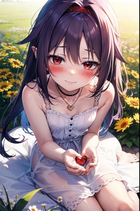 yuukikonno, Konno Yuuki, hair band, Long Hair, Pointed Ears, Purple Hair, (Red eyes:1.5), (Small breasts:1.2), Squint both eyes,blush,happy smile, smile, Close your mouth,White sleeveless dress,Bare arms,Heart Pendant,Long skirt,Barefoot flower crown,whole...