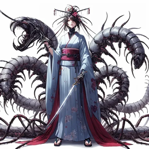 a woman in a kimono and a centipede monster. sword. cyborg. cyber kimono.