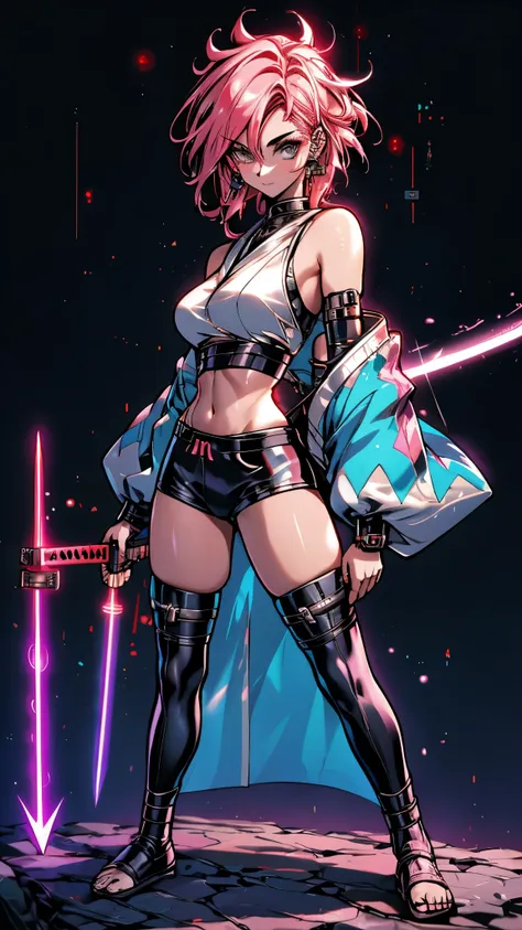 a futurista female warrior holding a katana, (pele finamente detalhada), pale skin, (in a deep neckline highly detailed sexy fut...