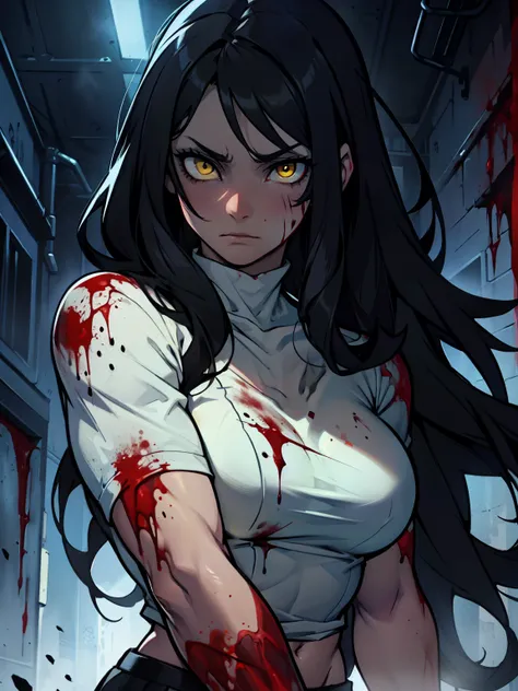 sad pale muscular girl breasts hair black hair yellow eyes extremely long hair sad dark atmosphere thick bloody blood bleeding