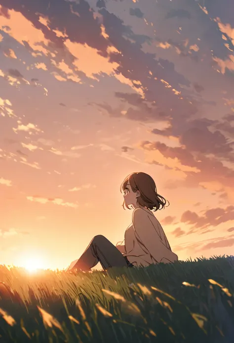 A girl with chestnut brown hair wearing a pastel beige shirt and pants, sitting upon a green hill watching the beautiful sunrise 