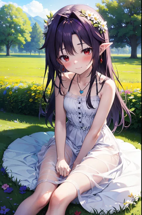 yuukikonno, Konno Yuuki, hair band, Long Hair, Pointed Ears, Purple Hair, (Red eyes:1.5), (Small breasts:1.2), Squint both eyes,blush,happy smile, smile, Close your mouth,White sleeveless dress,Bare arms,Heart Pendant,Long skirt,Barefoot flower crown,whole...