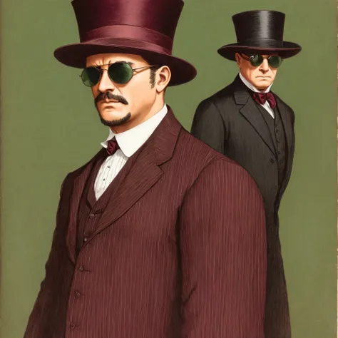 Old man with sunglasses and top hat on his head, imposing presence would appear, with striped shirt in dark green maroon and white 