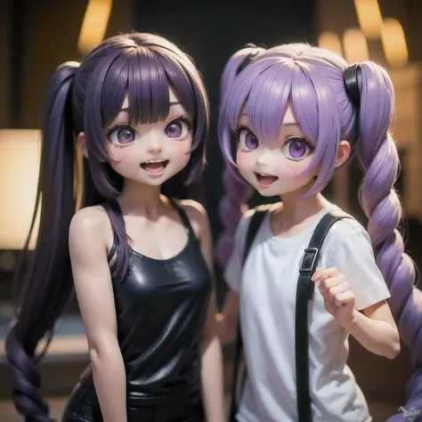 arafed 2 girls with purple hair and a white shirt, long braided purple hair, violet long hair, elegant fantasy style braids, pig...