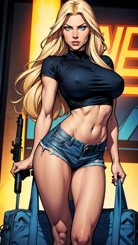 Only one woman with long straight light blonde hair.  Bright and expressive blue eyes.  She opted black shirt, kitbag, weapon ak-45 in her arm, big hip, long legs. Busty. Beautiful woman. Comic style, marvel comics. Sexy small denim shorts