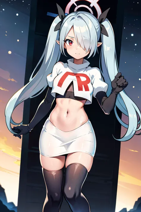 (masterpiece), 1girl, hair over one eye,magical world, shiny steps, beautiful sky, stars, jupiter, ioridef, team rocket,team rocket uniform,white skirt,red letter R,crop top,black thigh-highs,black elbow gloves