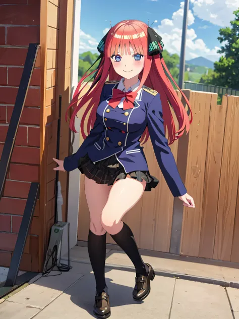 best quality, ultra-detailed masterpiece, anime art style, cute characters, nino nakano, breasts, blush, smile, full body, uniform