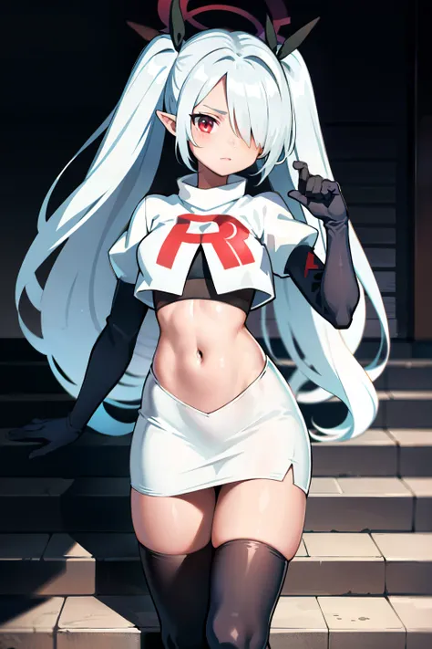 (masterpiece), 1girl, hair over one eye,magical world, shiny steps, beautiful sky, stars, jupiter, ioridef, team rocket,team rocket uniform,white skirt,red letter R,crop top,black thigh-highs,black elbow gloves