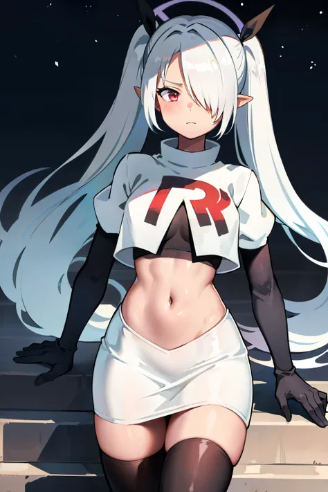 (masterpiece), 1girl, hair over one eye,magical world, shiny steps, beautiful sky, stars, jupiter, ioridef, team rocket,team rocket uniform,white skirt,red letter R,crop top,black thigh-highs,black elbow gloves