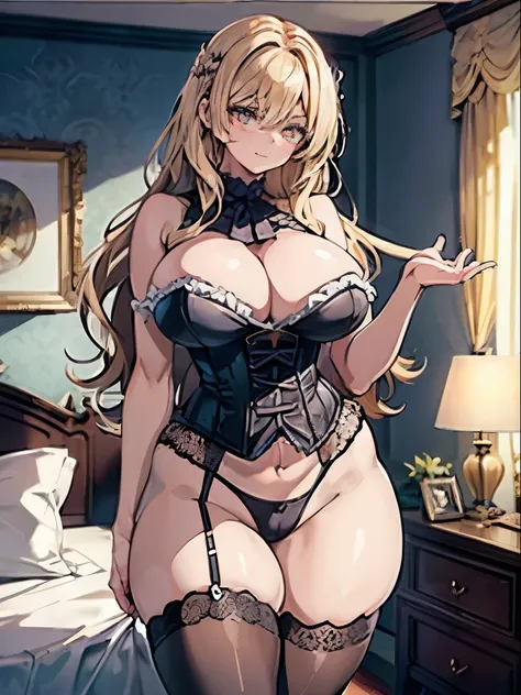 Anime, a glamour shot of a smiling MILF, wavy hair, busty, big ass, Standing demurely with her legs crossed in a bedroom, long sexy legs, leaning toward the viewer, with Smokey eyes and knowing smile wearing a revealing corset, lace stockings, insanely det...