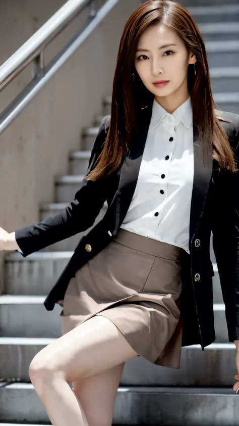 A Japanese woman in a black suit and white shirt poses on the stairs, Wearing a strict tight mini skirt、 Wear a business jacket, 8k,  (Semi-long hair:1.3), (Light brown hair:1.3), Wear high heels、Wearing thin black tights、high waist、