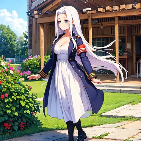 A woman wearing a white dress, wearing an open navy blue coat, walking in a picnic garden, smiling, blue eyes, long white hair, full body (azur lane_yorktown). shadow, flower, UHD, masterpiece, accurate, anatomically correct, textured skin, super detail, h...