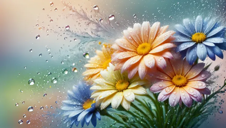 a bunch of flowers with water droplets on them, by Judy Takács, blurred backround, by Alice Prin, by Pamela Ascherson, colorful intricate masterpiece, wonderful light, beautiful render of a fairytale, effervescent, by Ulrika Pasch, 8k award-winning photogr...