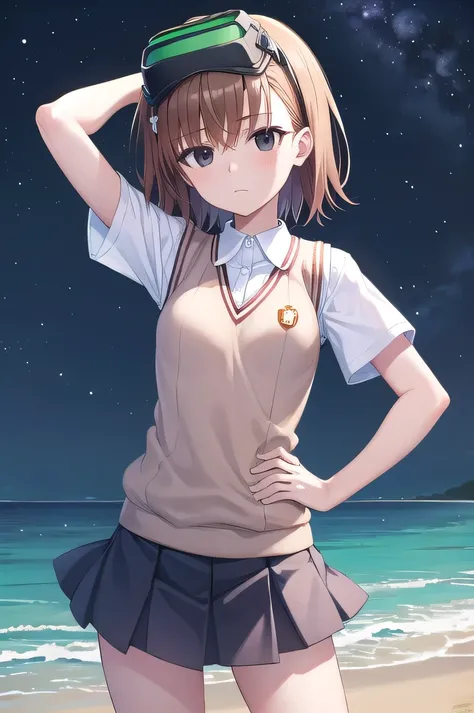 short hair, brown hair, black eyes, empty eyes, goggles, goggles on head, head-mounted display, , sweater vest, shirt, skirt, white shirt, pleated skirt, v-neck, short sleeves, tokiwadai , misaka imouto, solo, night sky, beach, arm behind head, hand on hip...