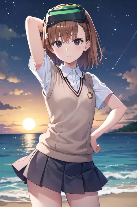 short hair, brown hair, black eyes, empty eyes, goggles, goggles on head, head-mounted display, , sweater vest, shirt, skirt, white shirt, pleated skirt, v-neck, short sleeves, tokiwadai , misaka imouto, solo, night sky, beach, arm behind head, hand on hip...