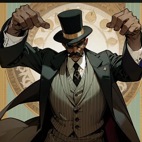 Mosaic of Old dark-skinned mobster with mustache, sunglasses and top hat on his head, imposing presence would appear, with striped clothes in dark green maroon and white 