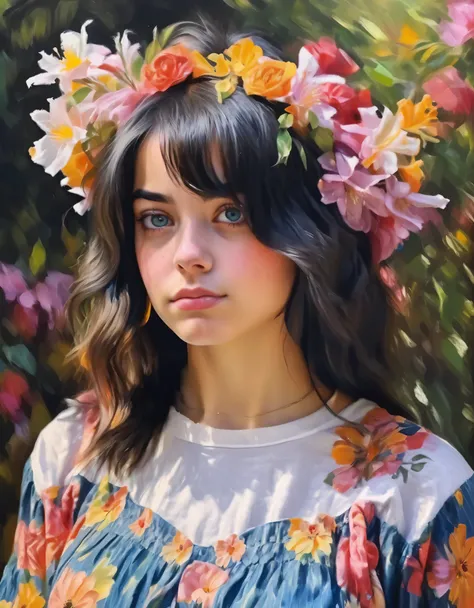 (realistic,photorealistic:1.37),vibrant colors,impressionistic brushstrokes,soft lighting,womens portrait,twenty years old,beautiful detailed face,expressive eyes,feminine pose,floral background