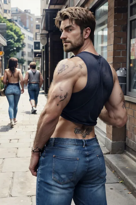 zeke_jaeger, full muscular body, street, hairy chest, ultra realistic,  hairy arms,  sweat, tattoos, (((very Big butt))), jeans backside walking 