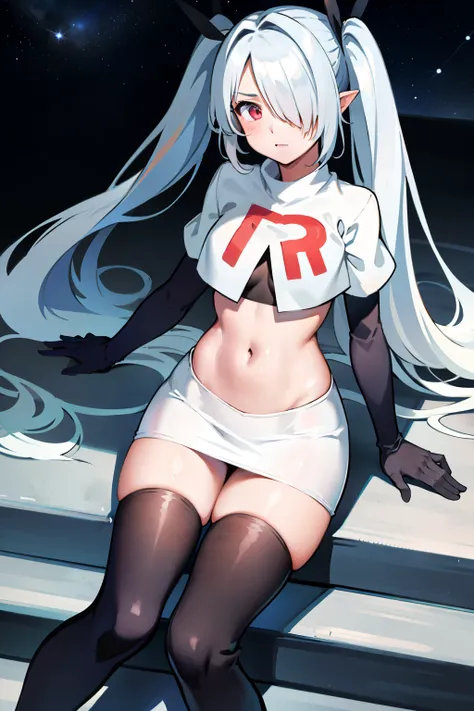 (masterpiece), 1girl, hair over one eye,magical world, shiny steps, beautiful sky, stars, jupiter, ioridef, team rocket,team rocket uniform,white skirt,red letter R,crop top,black thigh-highs,black elbow gloves