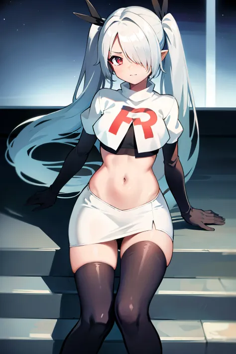 (masterpiece), 1girl, hair over one eye,magical world, shiny steps, beautiful sky, stars, jupiter, ioridef, team rocket,team rocket uniform,white skirt,red letter R,crop top,black thigh-highs,black elbow gloves