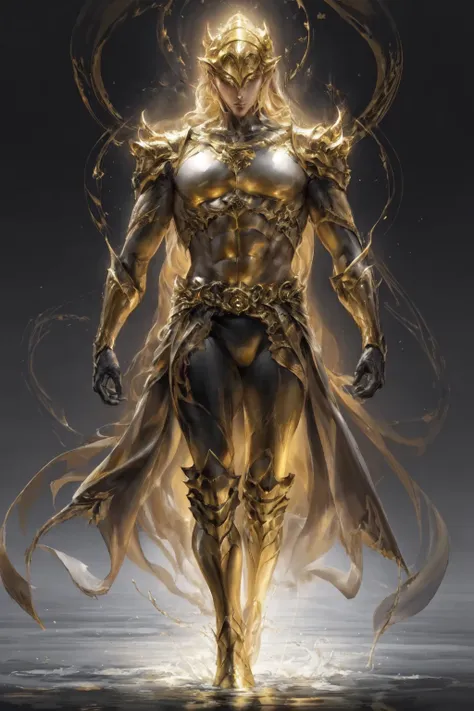 a man made of liquid metal walking out of a golden liquid metal lake, golden liquid metal body, fantasy, cinematic lighting, hig...