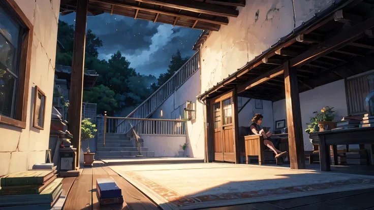 A magical scene of Uma pessoa lendo um livro perto da janela, com o som suave da chuva no vidro., capturada por Makoto Shinkai, Soft color palette that enhances the atmosphere, lofi music adding a unique sound layer, atmosphere of serenity and conviviality...