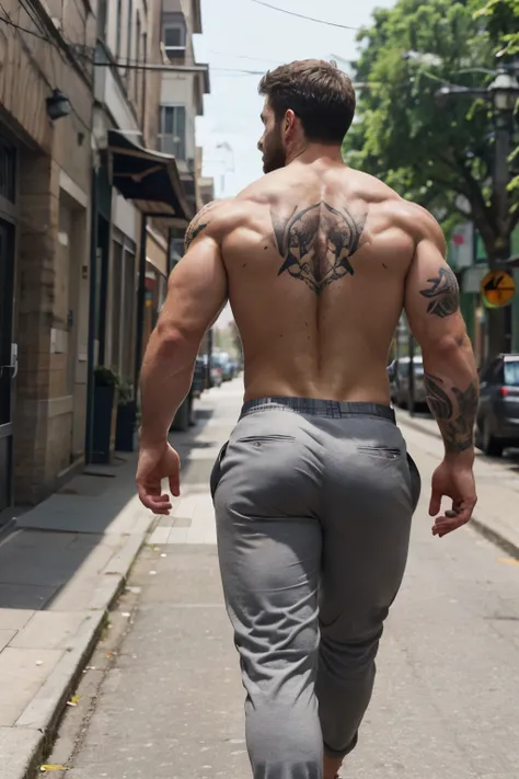 zeke_jaeger, full muscular body, street, hairy chest, ultra realistic,  hairy arms,  sweat, tattoos, ((Big butt)), gray trousers backside walking 