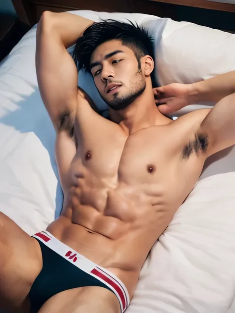 Asian man in a briefs, handsome man, handsome guy, handsome asian man, Full Body Shoot, side view, side, male underwear, briefs, portrait, detailed facial parts, Manly, Charmer, Active Boy, sleeping, sleeping on bed, lying down, legs opened, harness, furio...