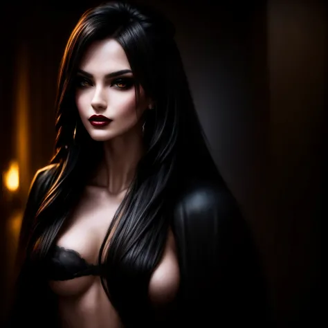 "(best quality,4k,8k,highres,masterpiece:1.2),ultra-detailed,(realistic,photorealistic,photo-realistic:1.37),badass,gorgeous woman,long black hair,ironic smile,epic gloomy atmosphere,cinematic quality,dark environment,mysterious aura,high contrast lighting...