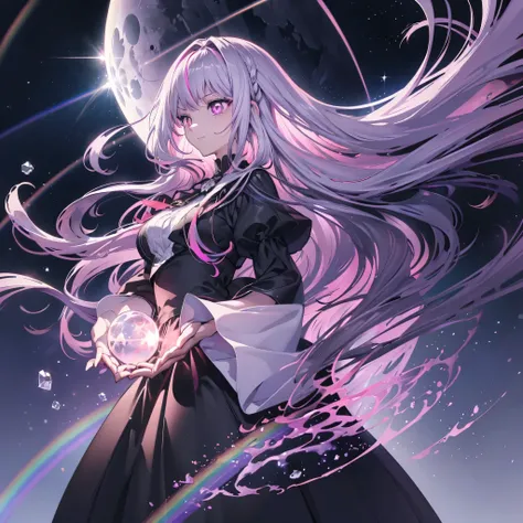 ((Fantasy　Long Hair　Pink Eyes　Rainbow Hair　Black Dress))　((night　Western style　Shining Aura　Face is close　))Distorted Space-Time　Hold the crystal and hold it up to the sky　Broken glass　Big white ribbon　Big Moon　First magnitude star　Light shines in　Catch th...