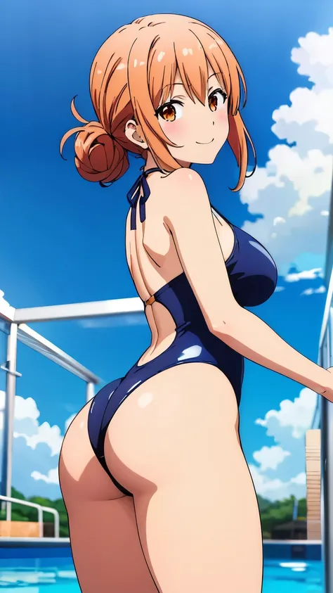 (Top quality, 8K, Masterpiece: 1.2), anime art style, Super detailed, Illustration, Yuigahama Yuis mother, 30s body, adult, Mature look, orange eyes, smile, between the eyes, 1 girl,　alone, large medium breasts , bun hair , shiny hair, focus only, dynamic ...