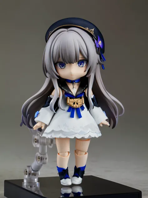 masterpiece, best quality, hd, aaherta, realistic, cosplayer, long hair, grey hair, hair flower, beret, black headwear, joints, choker, key, sailor collar, shoulder cutout, white dress, detached sleeves, standing, nendoroid 