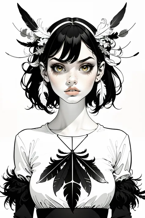 partial coloring, line style, (masterpiece, best quality:1.2), (simple background:1.5), 1 girl, (black and white feathers, symme...