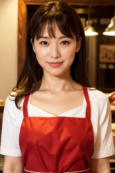 Medium Size Display, Medium Shot, Written boundary depth, bust, Upper Body, Movie angle, masterpiece, highest quality, Very detailed, CG, 8k wallpaper, Beautiful Face, Delicate eyes, Otome, alone, smile, Red Apron、Grilling meat