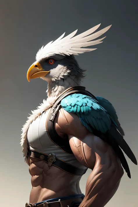 a muscular bird-headed humanoid,1girl,feathered head and beak,intense colorful muscles,vibrant feathers,photorealistic,highly detailed,cinematic lighting,dynamic pose,fantasy character,digital art,concept art,octane render