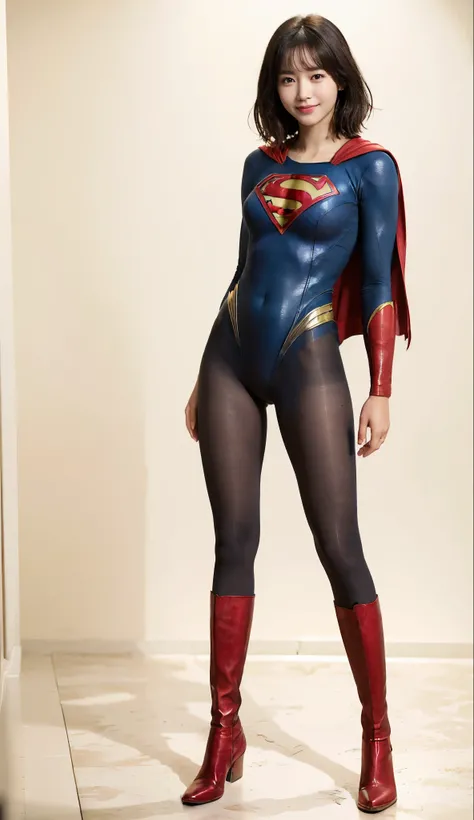 No background、(((Beautiful legs in black tights.)))、(((Legally express the beauty of your smile)))、((((Make the most of your original images)))、(((Supergirl Costume)))、(((Beautiful short hair)))、(((Smiles and winks)))、(((Please wear black tights....、Wear r...