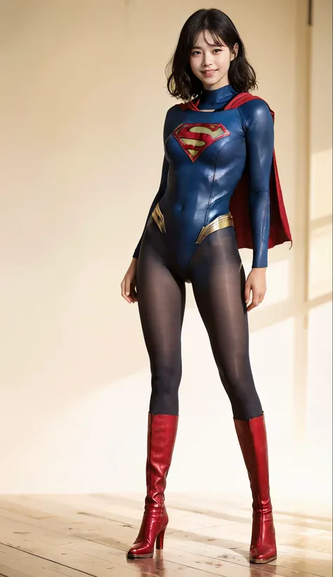 No background、(((Beautiful legs in black tights.)))、(((Legally express the beauty of your smile)))、((((Make the most of your original images)))、(((Supergirl Costume)))、(((Beautiful short hair)))、(((Smiles and winks)))、(((Please wear black tights....、Wear r...