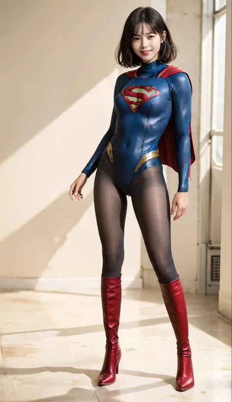 No background、(((Beautiful legs in black tights.)))、(((Legally express the beauty of your smile)))、((((Make the most of your original images)))、(((Supergirl Costume)))、(((Beautiful short hair)))、(((Smiles and winks)))、(((Please wear black tights....、Wear r...