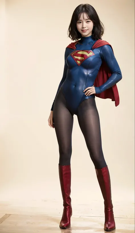 No background、(((Beautiful legs in black tights.)))、(((Legally express the beauty of your smile)))、((((Make the most of your original images)))、(((Supergirl Costume)))、(((Beautiful short hair)))、(((Smiles and winks)))、(((Please wear black tights....、Wear r...