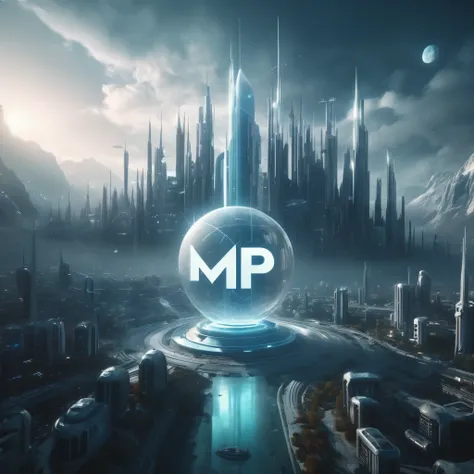 a futuristic city with the word MP in front of it, 3d character art, single logo, inspired by Mikoláš Aleš, by Emiliano Di Cavalcanti, magic lighting overlays, in style of niko pirosmani, tvp, season 3 ( 1 9 9 7 ), app, n 2, 3d cg