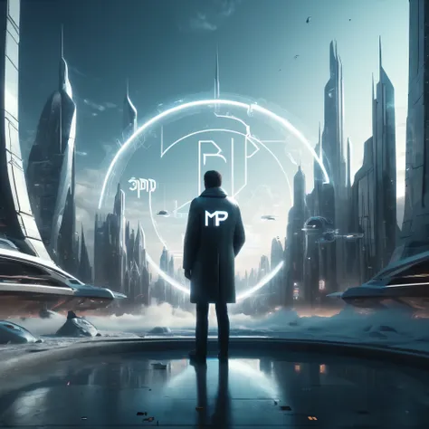 a futuristic city with the word MP in front of it, 3d character art, single logo, inspired by Mikoláš Aleš, by Emiliano Di Cavalcanti, magic lighting overlays, in style of niko pirosmani, tvp, season 3 ( 1 9 9 7 ), app, n 2, 3d cg