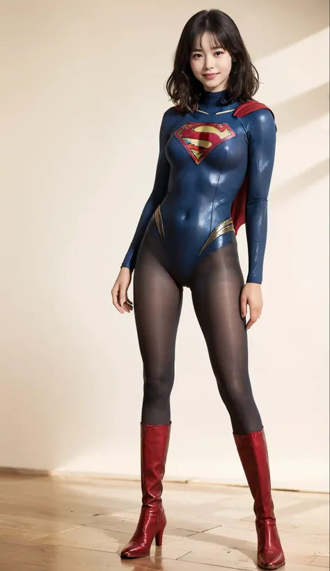 No background、(((Beautiful legs in black tights.)))、(((Legally express the beauty of your smile)))、((((Make the most of your original images)))、(((Supergirl Costume)))、(((Beautiful short hair)))、(((Smiles and winks)))、(((Please wear black tights....、Wear r...
