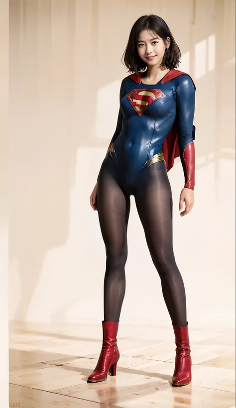 No background、(((Beautiful legs in black tights.)))、(((Legally express the beauty of your smile)))、((((Make the most of your original images)))、(((Supergirl Costume)))、(((Beautiful short hair)))、(((Smiles and winks)))、(((Please wear black tights....、Wear r...