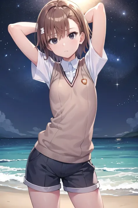 short hair, brown hair, black eyes, empty eyes, shaking hips, sweater vest, shirt, shorts, white shirt, pleated shorts, v-neck, short sleeves, tokiwadai , misaka imouto,  solo, night sky, beach, arms behind head, contrapposto, spread armpits, closed mouth,...