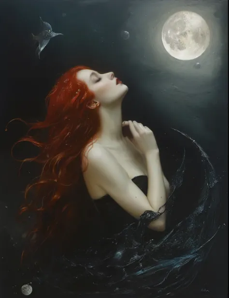 James Gurney, Surrealist art , dream-like, Mysterious, Provocative, symbolic, Complex, detailed,, (Gothic but very beautiful:1.4), (masterpiece, highest quality:1.4) , Nicola Samori Style, Drops of the Moon、Moonlight Mermaid
