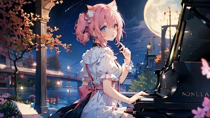 picture a scene of a girl playing the piano with the moon and stars in the sky. anime, pink hair, cat ears. that's her charm.