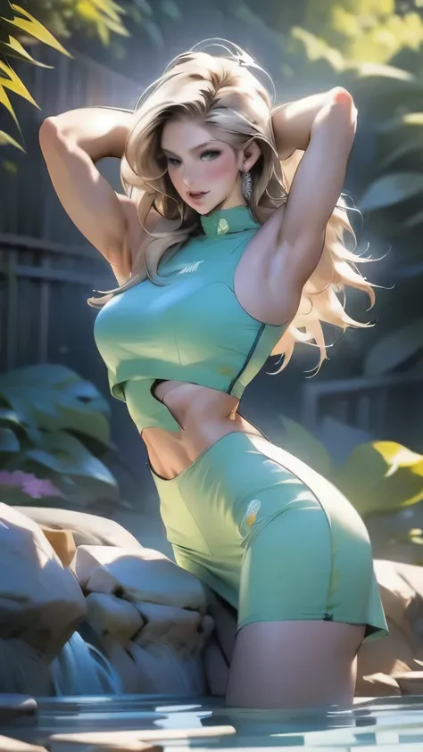 (最high quality, 4K), Beautiful woman, Ultra-realistic, 1 girl, (Huge breasts, Attractive body: 1.2), Abdominal muscles: 1.1, Dark blonde hair: 1.1, (Raindrops), Ultra detailed Face, detailed Lips, detailed Eyes, detailed, Armpit hair, double eyelid, Sensua...